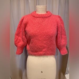 Ganni Barbie Pink Cropped Large Gauge Knit Sweater